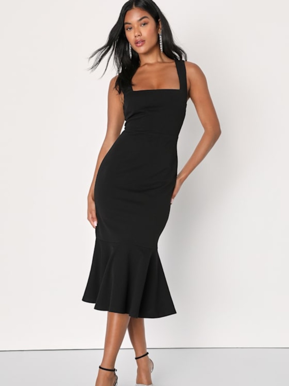 Lulus Moment Maker Black Square Neck Trumpet Midi Dress - Size XL